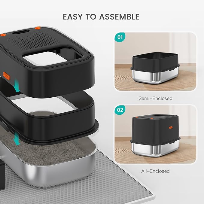 Enclosed Stainless Steel Cat Litter Box with Lid, XL Extra Large Litter Box for Big Cats, Metal Litter Pan High Sided, Never Absorbs Odors, Anti-Urine Leakage, Include Scoop (V-Black)