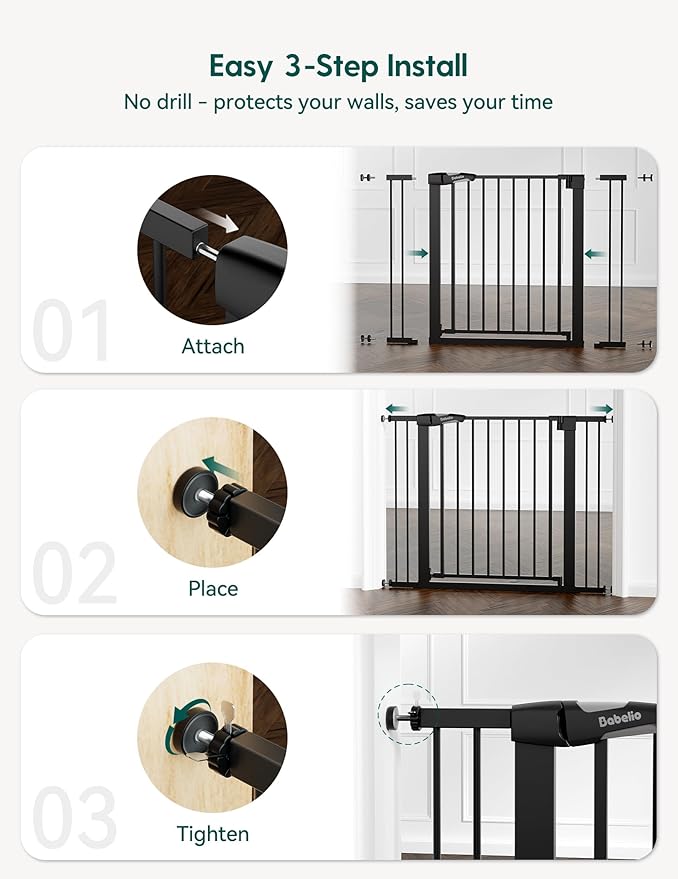 Babelio Extra Wide Baby/Dog Gate PressGuard P7, 29-55" Auto Close for The House and Doorway, Safety Pressure Mounted Pet Door, NO Need Tools and Drilling, Black