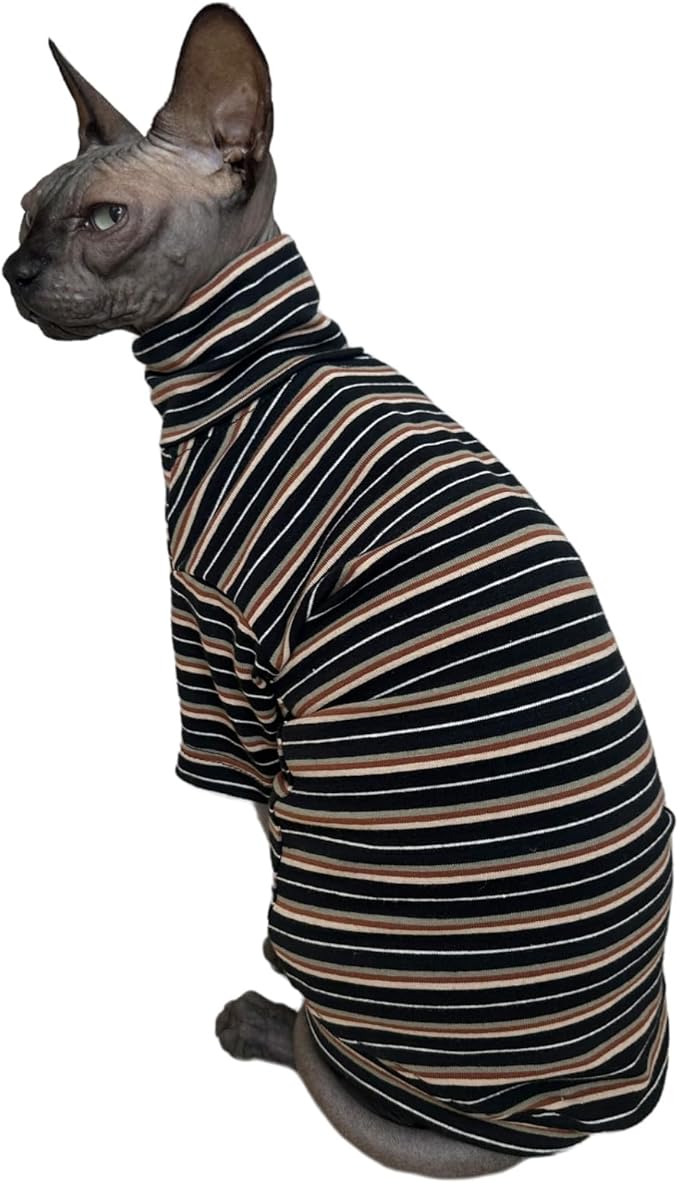 Vintage Stripes Sphynx Hairless Cats Shirt Cotton Cat Turtleneck Pet Clothes Kitten T-Shirts with Sleeves for Sphynx Cats (Vintage Black, Large)