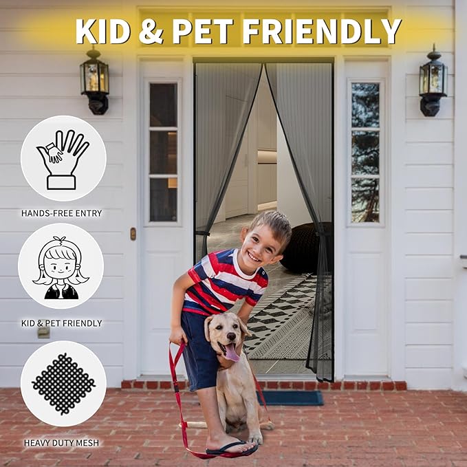 Magnetic Screen Door - Fit for Door Size:34 x 82 Inch, Screen Itself Size:36"x84", Hands Free Mesh Partition,Heavy Duty Screen Door Mesh Curtain Keeps Bugs Out, Frame Hook & Loop, Pet and Kid Friendly