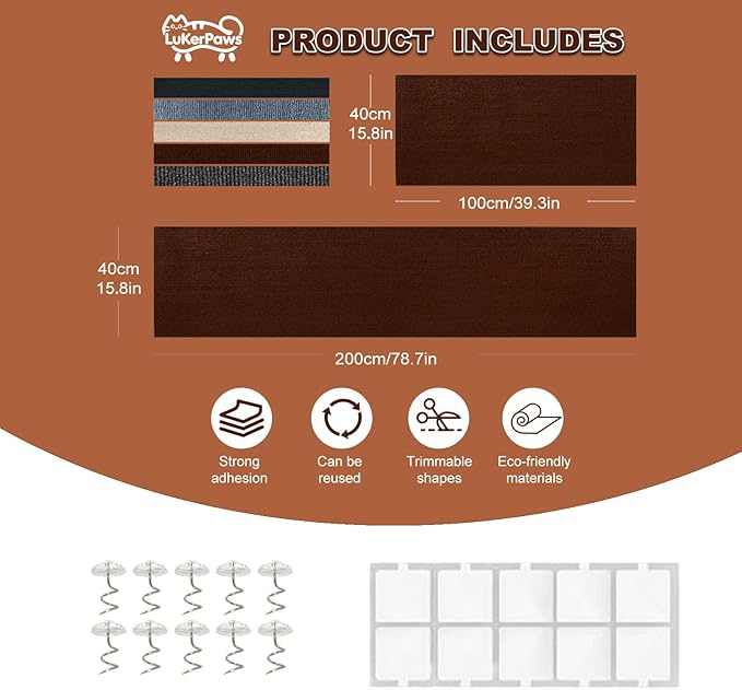 Cat Scratch Mat, Self-Adhesive Trimmable cat Scratch Furniture Protector for Couch, cat Scratch pad，cat Tree，DIY Climbing Carpet for Cat Tower Replacement Pads (Brown, 78.7" x 15.8")
