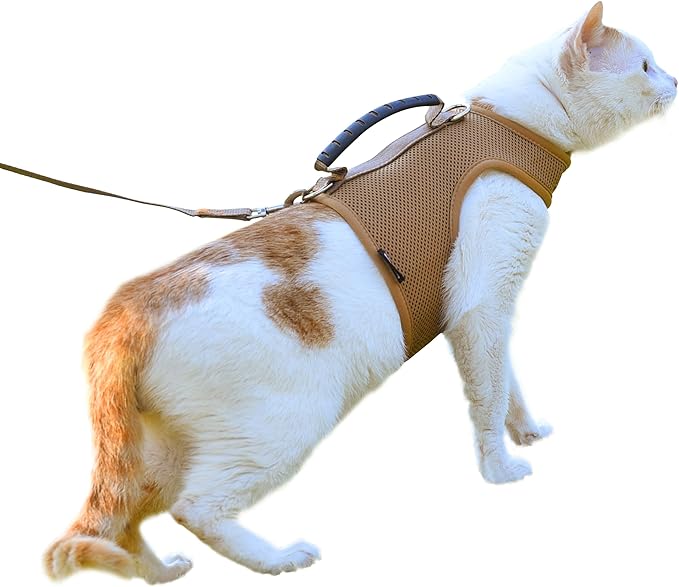 Cat Harness and Leash for Walking Escape Proof Breathable Mesh Fabric, Solid Brown, Extra Large, Adjustable Cat Walking Jackets with Handle, Padded Stylish Cat Vest