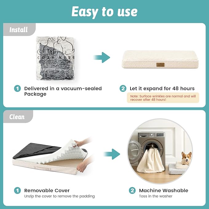 Dog Crate Bed for Large Size Dogs, Rectangular Orthopedic Dog Beds, Foam Anti-Slip Bottom Pet Mat with Washable Removable Cover, Suitable for Pet Up to 75 lbs, 36x27x3 inch, Beige