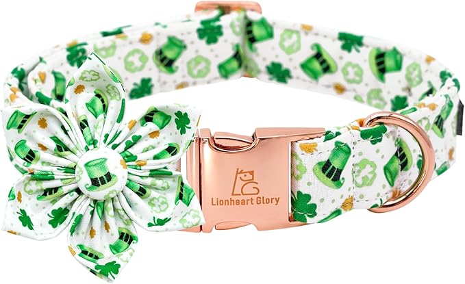 Lionheart glory St. Patrick's Day Dog Collar with Flower Dogs Collar,Soft Green Lucky Clover Shamrock Dog Collars Flower for Small Dogs Puppy Soft Collars Bows Heavy Duty