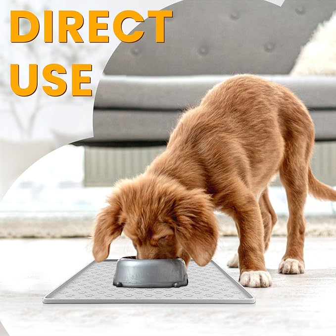 Ptlom Dog Food Mat Anti-Slip Bowl Mats for Food and Water, Waterproof Silicone Pet Placemat with High Raised Edges, Non-Slip Puppy Feeding Tray for Small, Medium Large Cats Dogs, Gray, 11.8"x11.8"