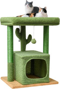 SYANDLVY 27" Cactus Cat Tree for Indoor Cats, Green Activity Tower with Scratching Posts, Modern Kitten Condo with Plush Perch & Hanging Ball for Play