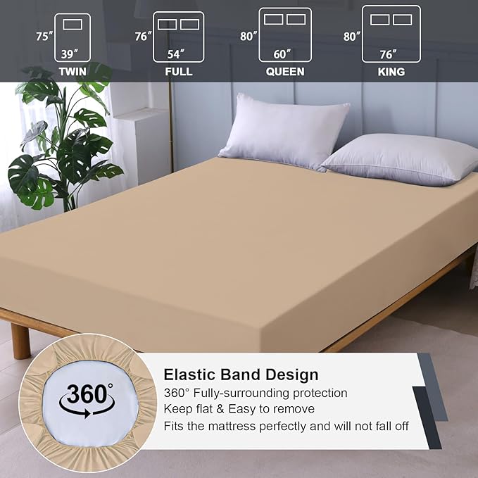 Twin Mattress Protector Waterproof, Fitted Sheet Style Breathable Mattress Cover with Deep Pocket Fits Up to 18'', Noiseless Bed Cover for Kids Adults, Machine Washable (Light Tan, 39'' X 75'')