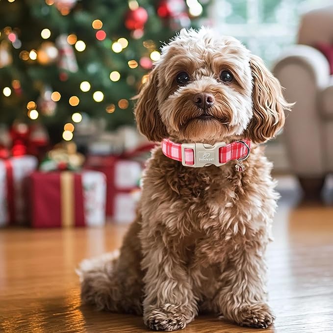 Plaid Dog Collar - Cute Red and Pink Plaid Puppy Collar with Safety Buckle, Soft Adjustable Holiday Dog Collars for Small Medium Large Dogs L