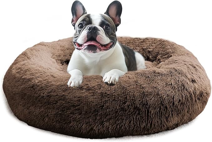 JOLLYVOGUE Calming Dog Bed Large Size Dog, Anti-Anxiety Donut Large Pet Bed, 36 inches Fluffy Faux Fur Round Cat Bed, Fits up to 75 lbs Pets (Coffee)