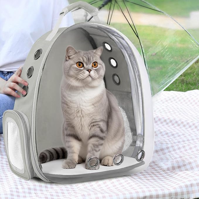 Cat Backpack Carrier Back Expandable Bubble Pet Carrier Backpack for Large Cat, Kitten and Dog, Designed for Hiking, Travelling and Outdoor Use (Back Expandable-Grey)