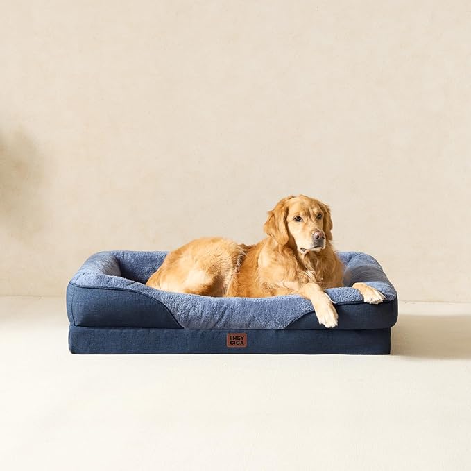 EHEYCIGA Orthopedic Dog Bed for Medium Dog, 35x22x6.5 Inch Memory Foam Dog Couch Bed with Sides, Waterproof Liner & Washable Removable Cover, Bolster Pet Sofa, Navy