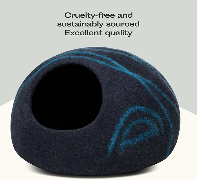 MEOWFIA Cat Cave – Premium Felt Cat Bed for Indoor Cats, Handmade Merino Wool (Black Aqua, Large)