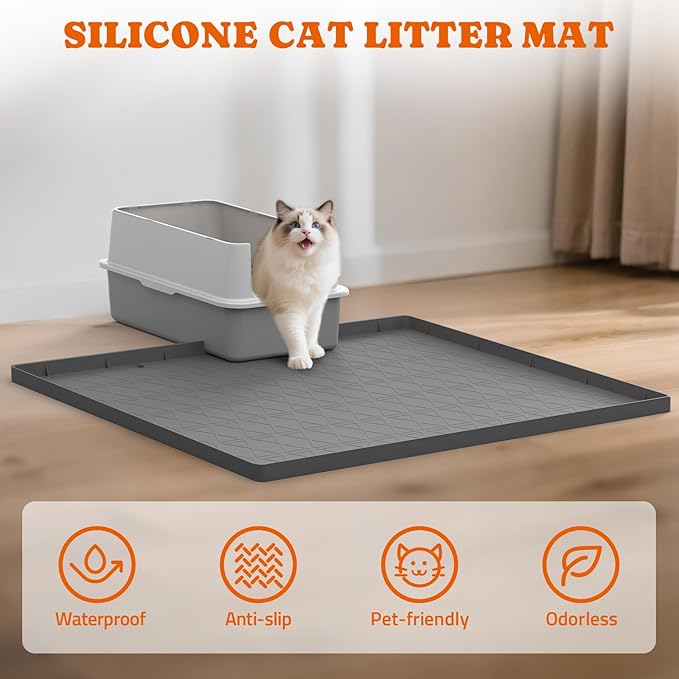Pawtners Cat Litter Mat, Large 34" x 22" Litter Box Mat, Easy to Clean Cat Litter Box Mat, Non-Slip Kitty Litter Mat for Floor, Waterproof & Urine-Proof Cat Litter Mat Litter Trapping Mat, Gray