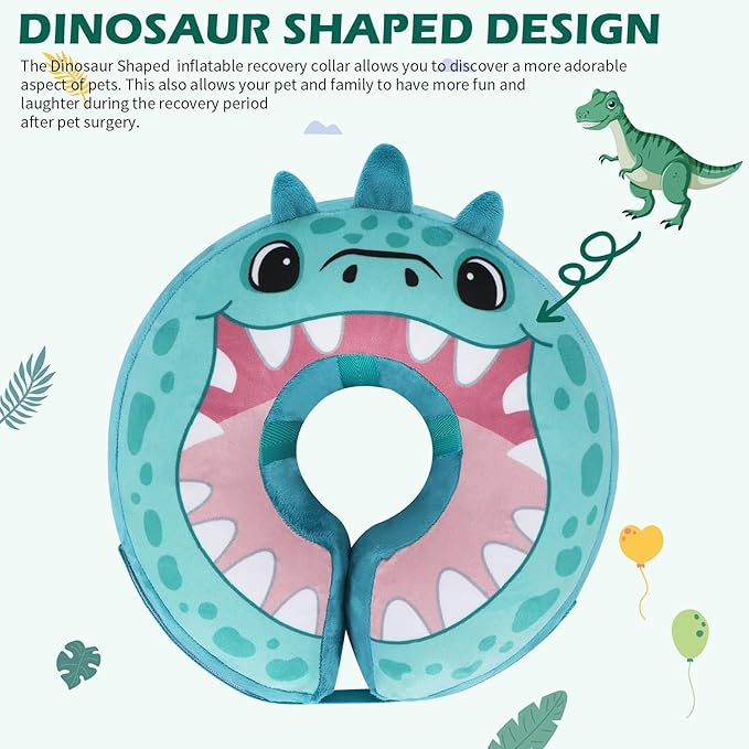 IEUUMLER Inflatable Recovery Dog Collar, Protective Donut Cone, Adjustable Soft Collar for Dog and Cat After Surgery Prevent from Biting & Scratching EU002 - Teal Dinosaur L+