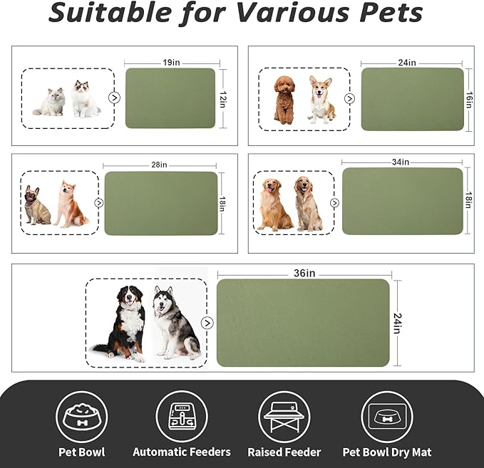 Dog Food Mat - Absorbent Cat Mat for Food and Water, No Stains Pet Feeding Bowl Mat, Easy to Clean Pet Placemats, Quick Dry Dog Water Dispenser Mat for Messy Drinkers | Green 18"x34"