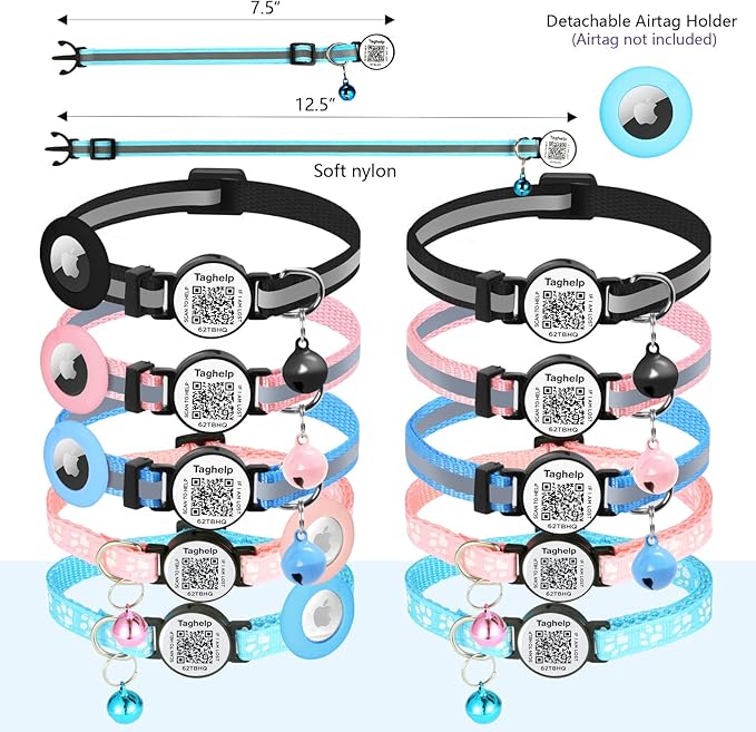 Reflective AirTag Cat Collar, TAGHELP Integrated Air Tag Cat Collar for Apple with AirTag Holder and Bell, Tracker Cat Collars for Girl Boy Cats, Kittens and Puppies (Pink)