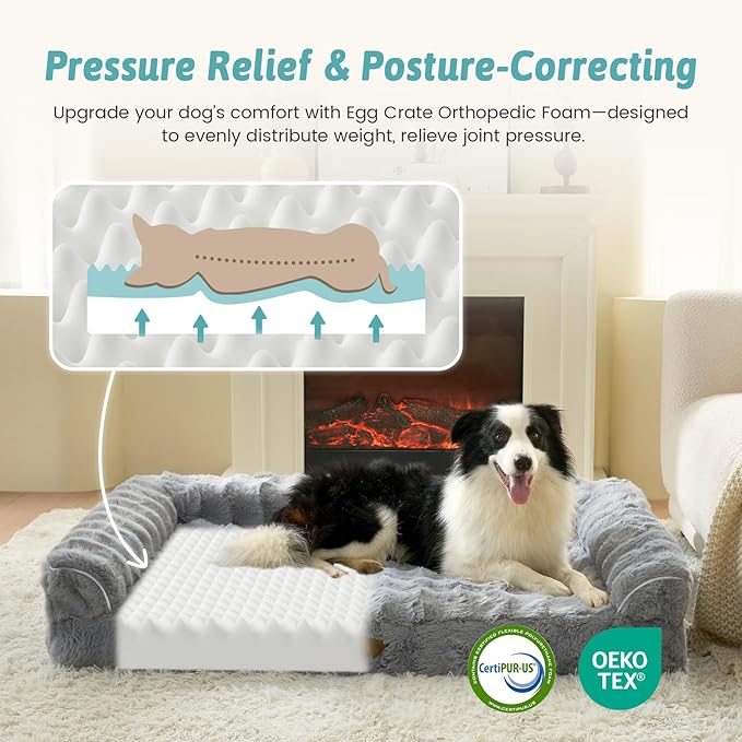 Faux Rabbit Fur Orthopedic Dog Bed, Dog Bed for Medium Size, Supportive Foam Pet Sofa with Waterproof Lining Cover, Washable U-Shaped Pet Couch with Anti-Slip Bottom, Grey M 30x20x6.5 inch