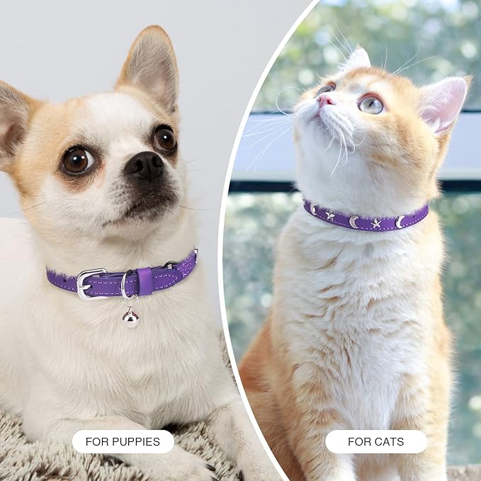Leather Cat Collars for Boy Girl Cats with Bell and Safety Elastic Belt, Personalized Star and Moon Stud Adjustable Safe Buckle Collar for Kitty Small Big Cats Size 7-9 Inch, Purple