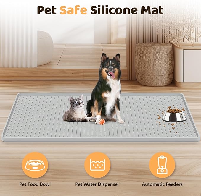 Silicone Cat & Dog Food Mat, 34" x 20" Large Pet Feeding Mat for Cats and Dogs Bowl, Pet Placemat for Food and Water with Raised Edge, Waterproof, Leakproof (Grey)