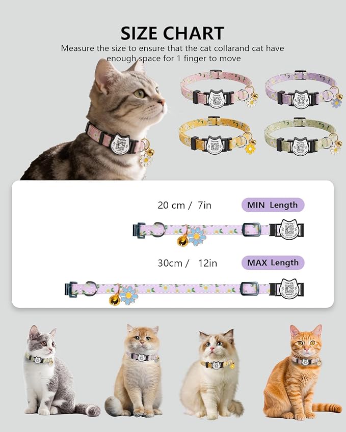 QR Code Cat Collar with Breakaway Safety Buckle, Adjustable Cotton Kitten Collar with Bell, Online Pet Profile Scan ID Tag for Lost Cats,Flower Pendant(Green)