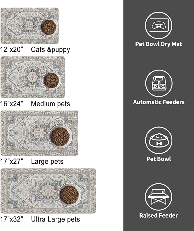 Dog Food Mats for Floors, Absorbent and Quick-Drying Pet Cat Food Mat,Anti-Fouling and Easy-to-Clean Pet Feeding Mat,Dog Bowl Mat for Messy Drinking Water Bowls.12 x20, Bohemia Style