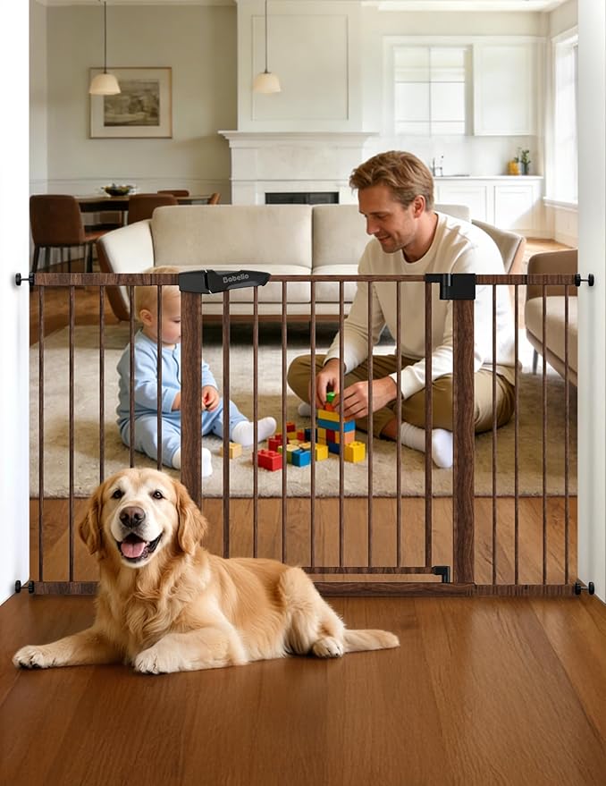 Babelio Metal Auto Close Baby Gate PressGuard P7,Extra Wide Pet Gate for The House and Doorways, Pressure Mounted Walk Thru Child Gate with Door (Black Wood Pattern, 30" Tall 29"-55" Wide)