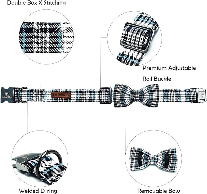 Lionheart glory Dog Bow Collar Blue and Black Plaid Dog Collar for Small Dogs,Boy Dog Collars with Bowtie Spring Summer Collars Soft Adjustable Pet Collar Bows