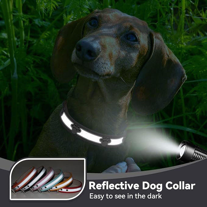 PETCARE Reflective Dog Collar with Cute Paw Rivet Studded Funny Soft PU Leather Adjustable Puppy Dog Collars for Small Medium Large Dogs Cats (Black,X-Large)