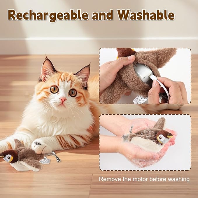Chirping Bird Cat Toy - Interactive Flapping Bird Cat Toy for Indoor Cats, Simulated Rechargeable Flappy Sparrow with Catnip Pouch