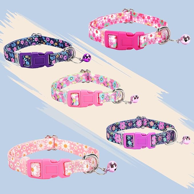 Nylon Dog Collar with Bell for Small Dogs, Adjustable Puppies, Kittens & Small Pets Collar- Purple Floral Design, XXS-XS-S Sizes, Lightweight & Secure Fit, for Pet Owners (S)