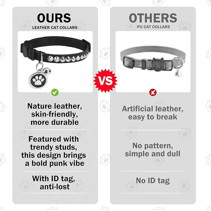 Leather Personalized Breakaway Cat Collar with Studded Bell and Safety Quick Release Buckle - Rivets Studded ID DIY Collars for Boy Girl Cats Kittens, 9" - 11.5" Black