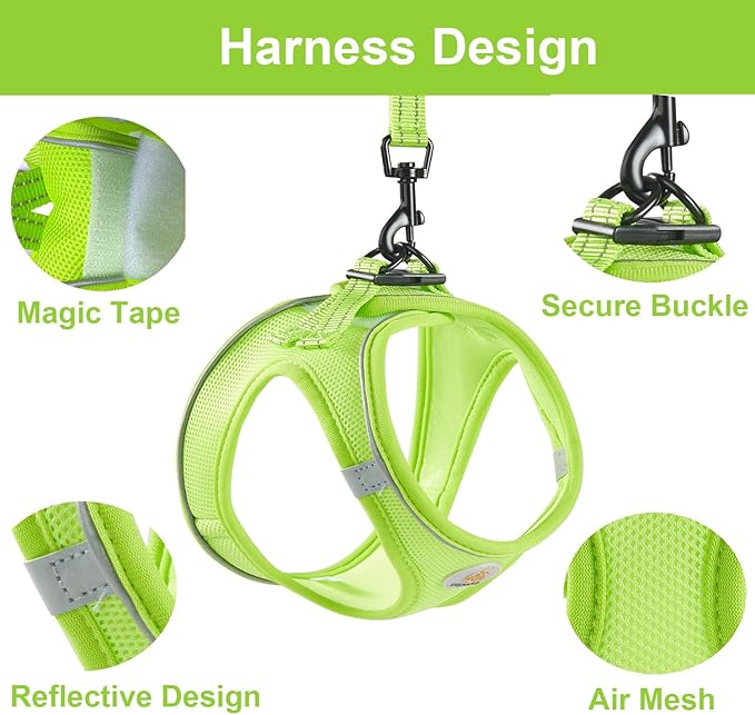 Hipubby Dog Harness and Leash Set, No Pull Soft Mesh Puppy Harness for Small Medium Dogs, Cats - Step in Reflective Breathable Lightweight Vest Harness for Walking, Training - Bright Green, XS