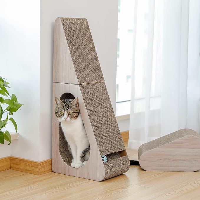 PAWZ Road Cat Scratcher, Triangle Cardboard Cat Scratcher 28.3” Large Scratch Pad 2 in 1 Cat Tunnel Scratcher with Interactive Toy Balls for Indoor Cats