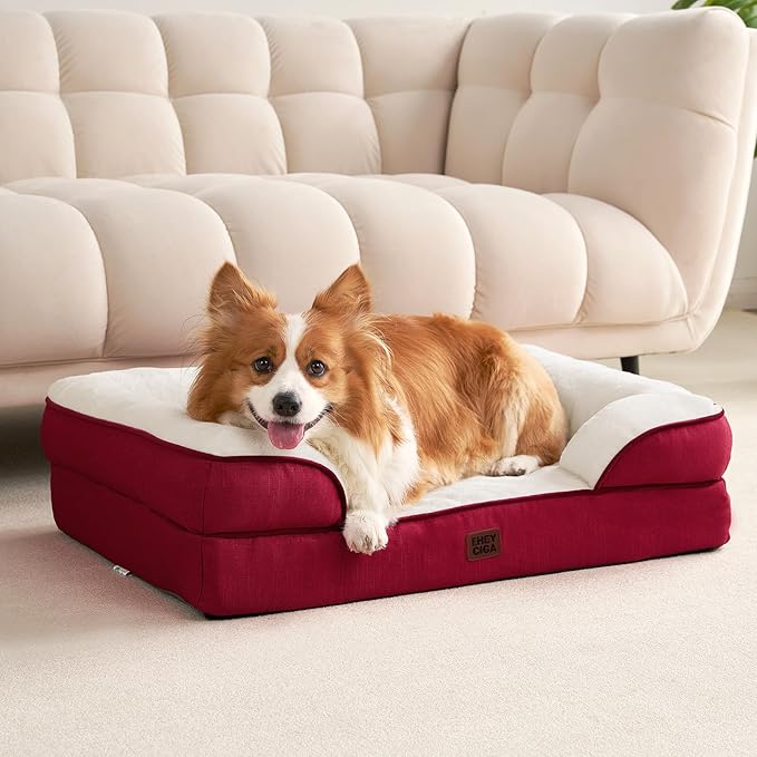 EHEYCIGA Orthopedic Dog Beds for Large Dogs, Waterproof Memory Foam Large Pet Bed with Sides, Non-Slip Bottom and Egg-Crate Foam Dog Couch Bed with Washable Removable Cover,Red