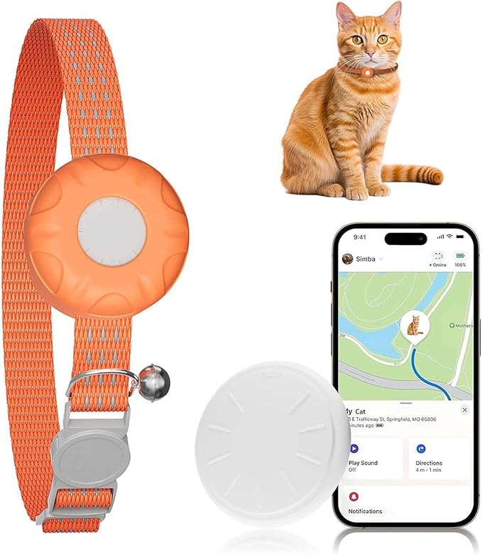 Cat GPS Tracker, Smart Cat GPS Tracker Compatible with Apple Find My App (Only iOS), No Monthly Fee, Waterproof (White Tracker, Orange Cat Collar)