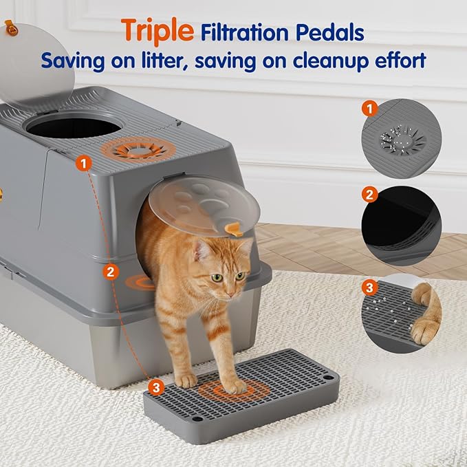 Stainless Steel Litter Box with Lid, XL Extra Large Cat Litter Box Enclosure, Front & Top Entry Covered Metal Cat Box with Steps & Scoop, Easy Cleaning