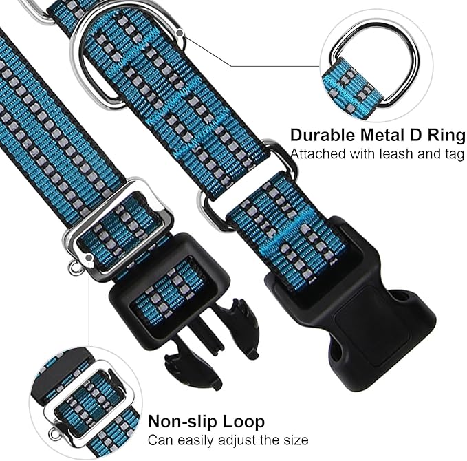 Martingale Dog Collar, Adjustable Nylon Reflective Collar with Quick Release Buckle (Gentian Blue, Medium)