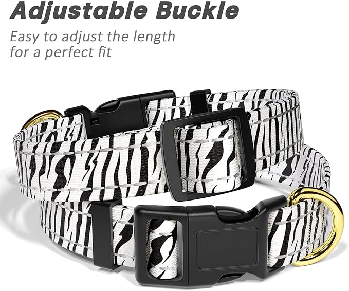 Reflective Dog Collar for Small Dogs Cats, Cute Boho Adjustable Heavy-Duty Nylon Puppy Collar for Boy and Girl Female, Soft Pet Accessories with Quick Release Buckle, Stylish Zebra Print