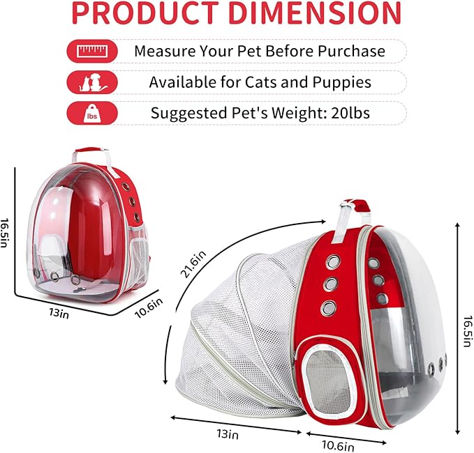 Cat Backpack Carrier, Back Expandable Pet Backpack with Bubble Window, Airline Approved Pet Travel Bag for Small/Medium Cats & Puppies, Hiking, Camping, Outdoor Use (Red)
