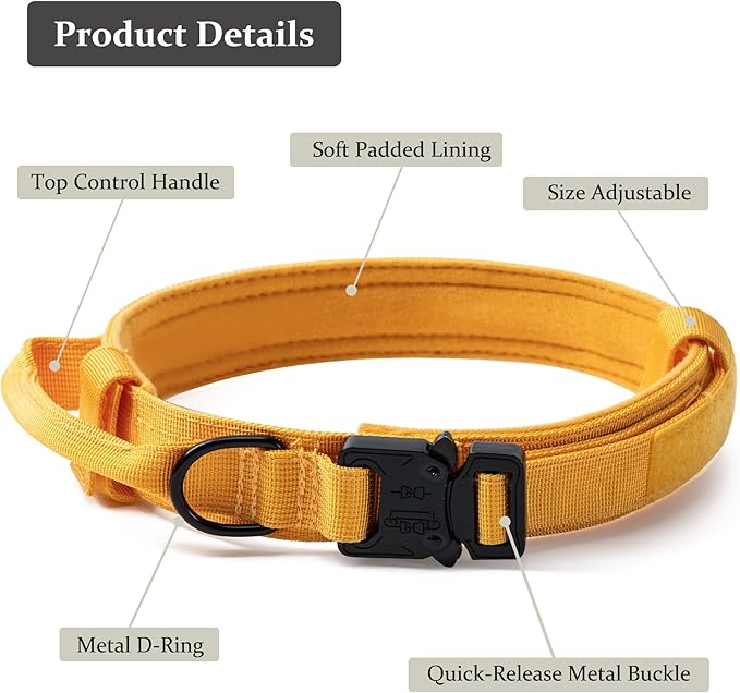 Tactical Dog Collar, Adjustable Military Training Nylon Dog Collar with Control Handle and Heavy Quick-Release Metal Buckle for Small Medium Large Dogs, Yellow L
