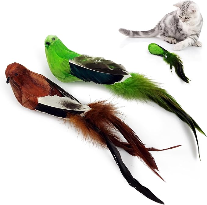 TTcat 2 Pcs Real Feather Cat Bird Toys Realistic Simulation Bird Cat Toys with Bells for Indoor Cats Kittens.