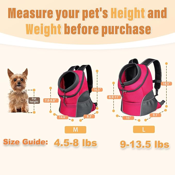 YUDODO Dog Front Carrier Backpack, Adjustable Breathable Pet Carrier for Small Dogs, Ventilated Puppy Back Pack with Safety Belt, Lightweight Doggy Backpack for Hiking Outdoor (Rose, M)