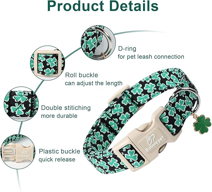 St Patricks Day Dog Collar for Small Dogs - Green Lucky Shamrock Boy Dog Collars, Irish Clover Pattern Black Male Puppy Collar with Quick Release Buckle S