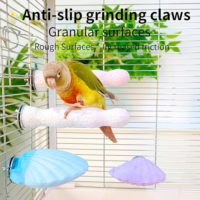 Bird Perches for Cage, Abrasive Surface High Calcium Mineral Parrot Perch Stand - Bird Nail File for Claw & Beak Health, Colorful Ceramic Bird Cage Accessories (Green, Coral)