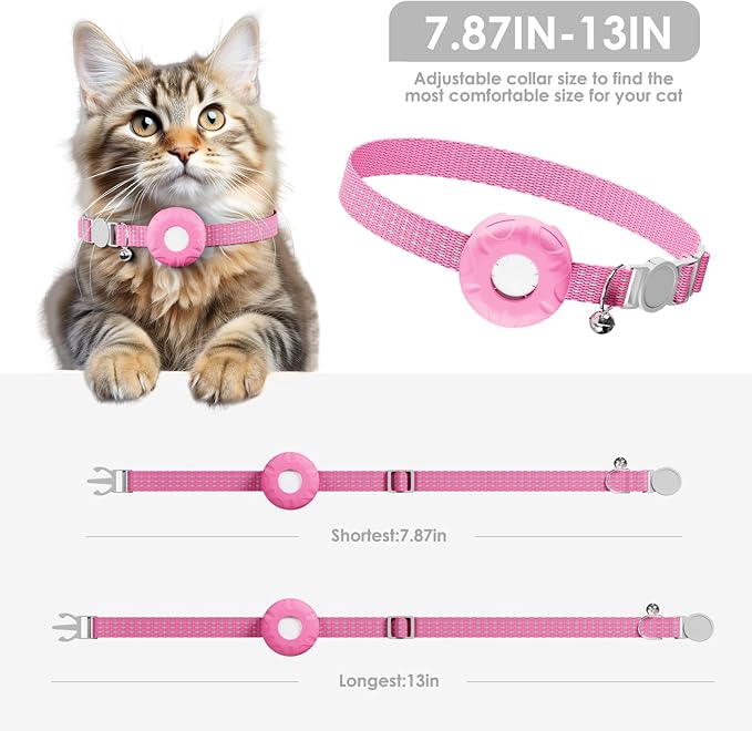 Cat Tracker, Lightweight GPS Tracker Compatible with Apple Find My App(Only iOS), Waterproof Cat Trackers Collar with Bell and Safety Elastic Buckle, No Monthly Fee Pet Tracker, Pink