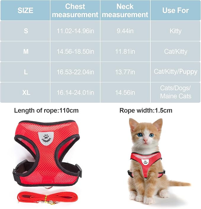shudyear Summer cat Chest Harness and Leash, Anti-Escape Adjustable Soft mesh cat Leash and Chest Harness Set for All Types of Cats cat Vests (Size L,Red)