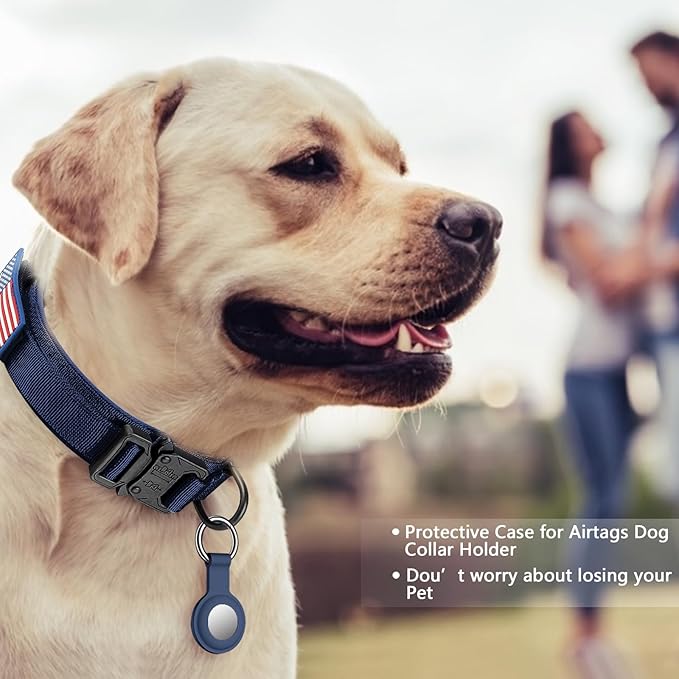 DAGANXI Tactical Dog Collar, Adjustable Military Training Nylon Dog Collar with Control Handle and Heavy Metal Buckle for Medium and Large Dogs, with Patches and Airtags Case (Midnight Blue, M)