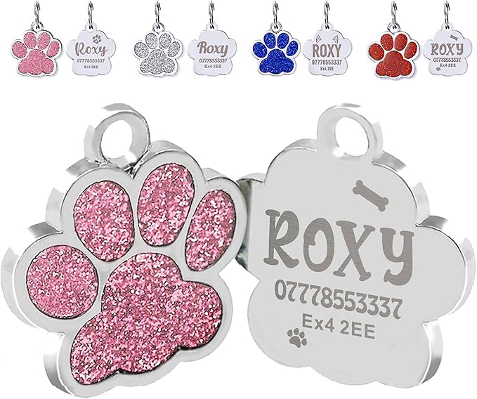 EDSG Cat Dog Tags Personalized for Pets, Dog Name Tags Cat Name ID Tag, Engraved Dog Tags Dog ID Tags Small Glitter Bling ID Tag Paw Print for Cat Pet Dog Puppy(Pink,Design 2)