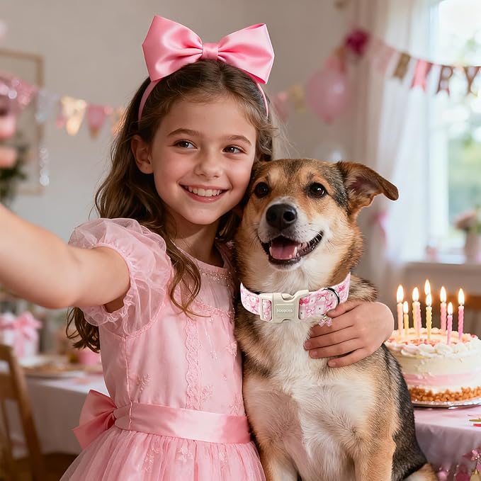 DOGWONG Pink Plaid Dog Collar-Cute Pink Bowtie Print Dog Collar, Adjustable Cotton Girl Female Pet Collar with Quick Release Buckle,XL