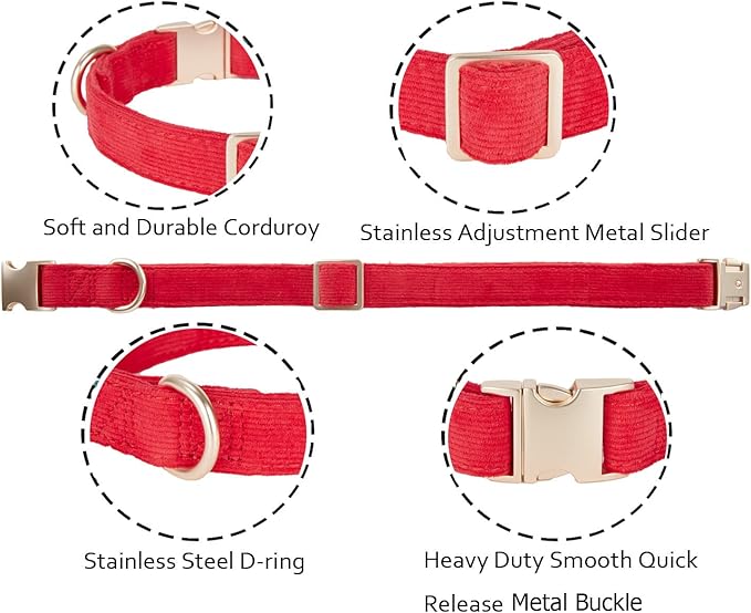 Soft Cotton Dog Collar with Metal Buckle Adjustable Heavy Duty Comfy Corduroy Collars for Small Medium Large Dogs,Red,Small